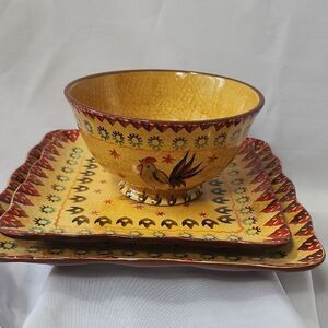 Handpainted Colorful Rooster Ceramic Bowl and Plate Set